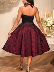 Elegant Jacquard Halter Cinched Waist Party Dress Gown