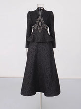 Vintage V Neck Ruffle Jacket Maxi Skirt Set