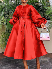 Elegant Satin Lantern Sleeve Bandage Party Maxi Dress