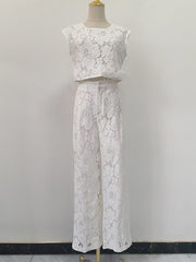 Fashion Embroidered Feather Crop Top Wide Leg Pants Set