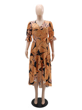 V-neck Print Bubble Sleeve Dress