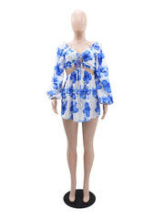 Fashion Print Drawstring Lace-up Mini Dress