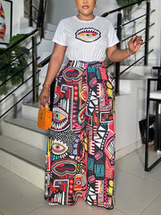 Casual Print T-shirt Wide Leg Pants Two Piece Set