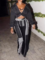 Trendy Mid Waisted Patchwork Raw Edge Jeans