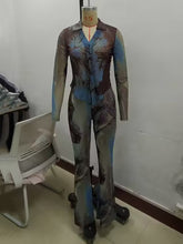 V Neck Print Elastic Sheer Mesh Trousers Two Piece Set