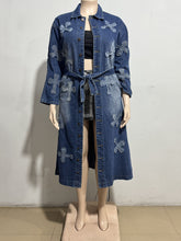 Fashion Embroidery Denim Long Coat Belted Outerwear