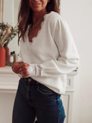 Elegant Lace Patchwork V-Neck Long Sleeve Sweater