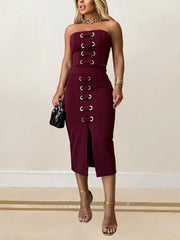 Sexy Lace-Up Tube Fitted Split Hem Skirt Sets