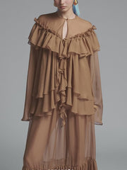 Elegant Round Collar Tulle Mesh Ruffle Loose Top