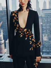 Fashion U Neck Appliques Slim Blazer