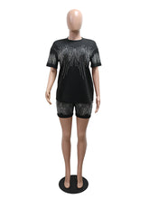 Casual Round Collar Rhinestone T shirt Shorts Set