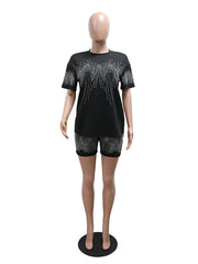 Casual Round Collar Rhinestone T shirt Shorts Set