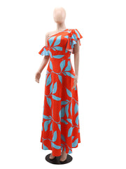 One Shoulder Ruffles Sleeve Print Long Dress