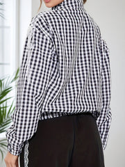 Casual Lace Bow Embellishment Plaid Zip Shirt Top