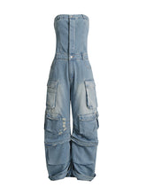 Off The Shoulder Denim Overalls Punk Pockets Jumpsuit