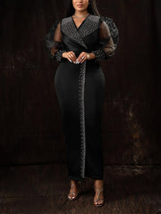 Sexy V Neck Sheer Mesh Sleeve Bodycon Dress