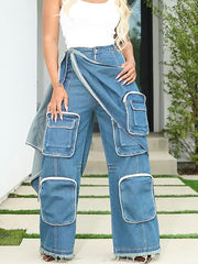 High Waist Denim Patchwork Straight Cargo Jeans