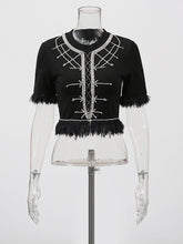 Elegant Round Neck Spliced Diamond Tassels T-shirt