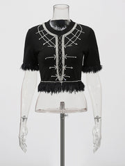 Elegant Round Neck Spliced Diamond Tassels T-shirt