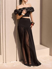 Elegant Twist Knot Off Shoulder Top Slim Maxi Skirt Set