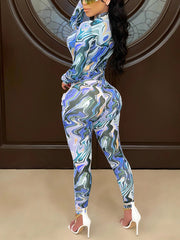 Casual Print Bodysuit Sheer Mesh Tight Pants Sets