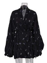 Casual Butterfly Print Bubble Sleeve Lace-up Mini Dress