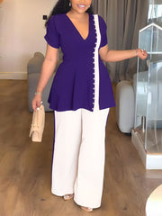 Fashion V-neck Slim Top and Straight Pant Two Piece Set