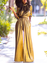 Stand Collar Front Tie Pocket Casual Jumpsuit