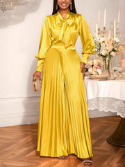 V Neck Lace Up Bow Tops Wide Leg Pleated Trousers Set