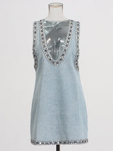 Elegant Crystal Embellished Sleeveless Denim Dress