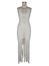 Sexy Deep V Beaded Decoration Knit Fringe Maxi Dress