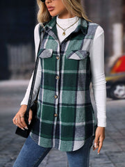 Casual Plaid Sleeveless Button Down Brushed Vest Jacket