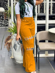 Casual Chain Patchwork Hollow Out Straight Jeans