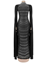 Rhinestone Embellished Stand Collar Cape Cloak Evening Gown