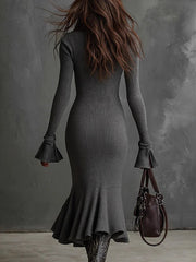 Elegant Knit Zipper Fishtail Midi Dress
