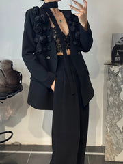Fashion Flower Decor Blazer and Suit Pant Two Piece Set