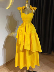 Elegant Heart Neck Bow-Strap Tiered Dress