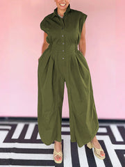 Casual Sleeveless Button Down Cinched Waist Jumpsuit