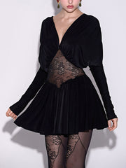 Sexy Lace Patchwork V Neck Long Sleeve Mini Dress