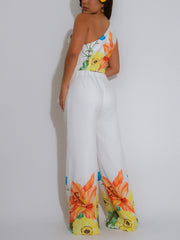 Elegant Sloping Shoulder Floral Print Pants Sets