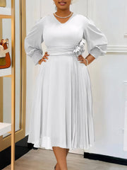 Elegant V-neck Puff Sleeve Slim A-line Dress