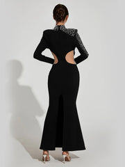 Elegant Long Sleeve Pearl Cutout Mesh Maxi Dress