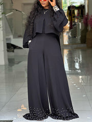 O Neck Crop Top and Pearls Decor Wide Leg Pants Set