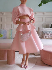 Elegant Solid Crop Top Ruffles Skirts Set