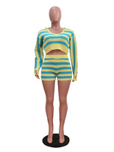 Casual Stripe Patchwork V Neck Hooded Two Piece Set