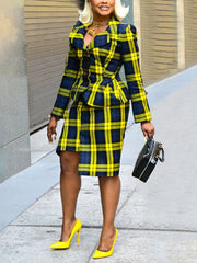 Elegant Plaid Blazer Short Skirt Two Piece Set