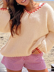 Casual V Neck Loose Contrast Stitch Chunky Knit Sweater