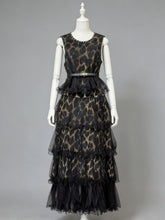 Elegant Sleeveless Leopard Print Mesh Tiered Maxi Dress