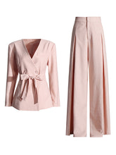 Elegant V Neck Lace-up Top High Waist Wide Leg Pant Set