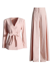 Elegant V Neck Lace-up Top High Waist Wide Leg Pant Set